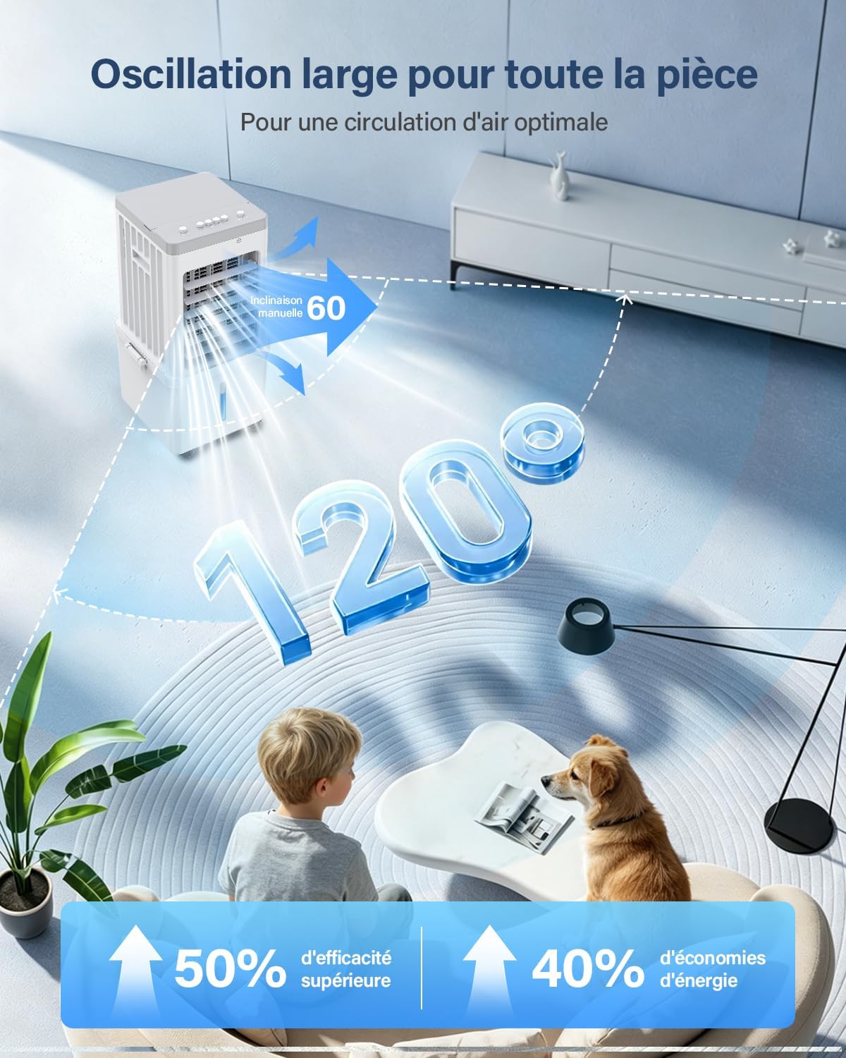 Climatiseur mobile - 12L, 3 vitesses, 120° oscillation, 35dB, roulettes