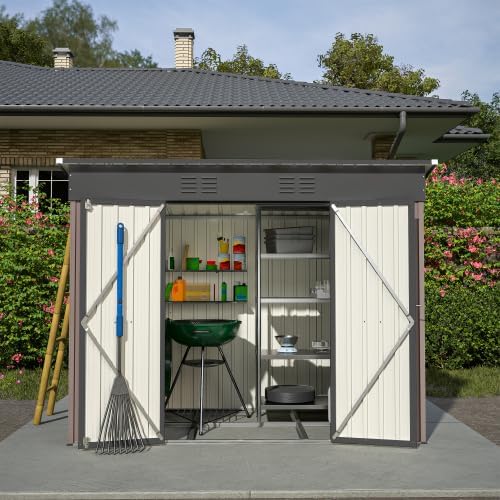Abri de jardin en métal 229x111 cm – Marron, résistant aux intempéries avec cadre de fondation et porte verrouillable, pour vélos et outils, remise 8x4 pi