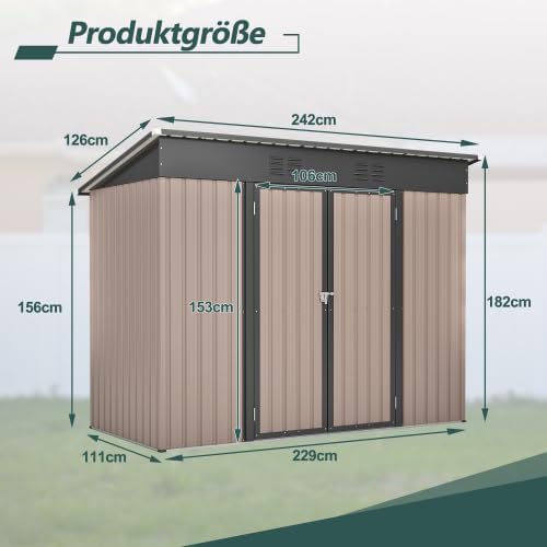 Abri de jardin en métal 229x111 cm – Marron, résistant aux intempéries avec cadre de fondation et porte verrouillable, pour vélos et outils, remise 8x4 pi