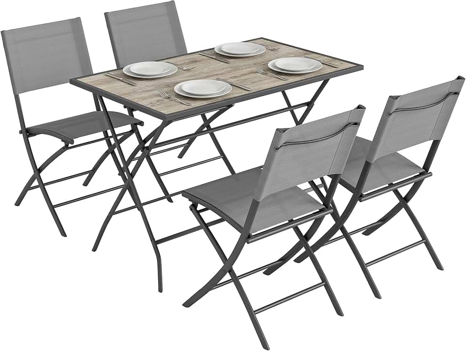 karaca-alisveris - ensemble salle à manger pliant 5 pièces, sièges textilène, gris