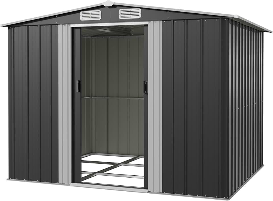 karaca-alisveris Abri de Jardin Métallique 8x6ft, Grand Rangement Extérieur pour Outils, Vélos et Poubelles, Toit Penté et Ventilation Inclus, Résistant aux Intempéries, pour Jardin, Terrasse et Pelouse, Noir