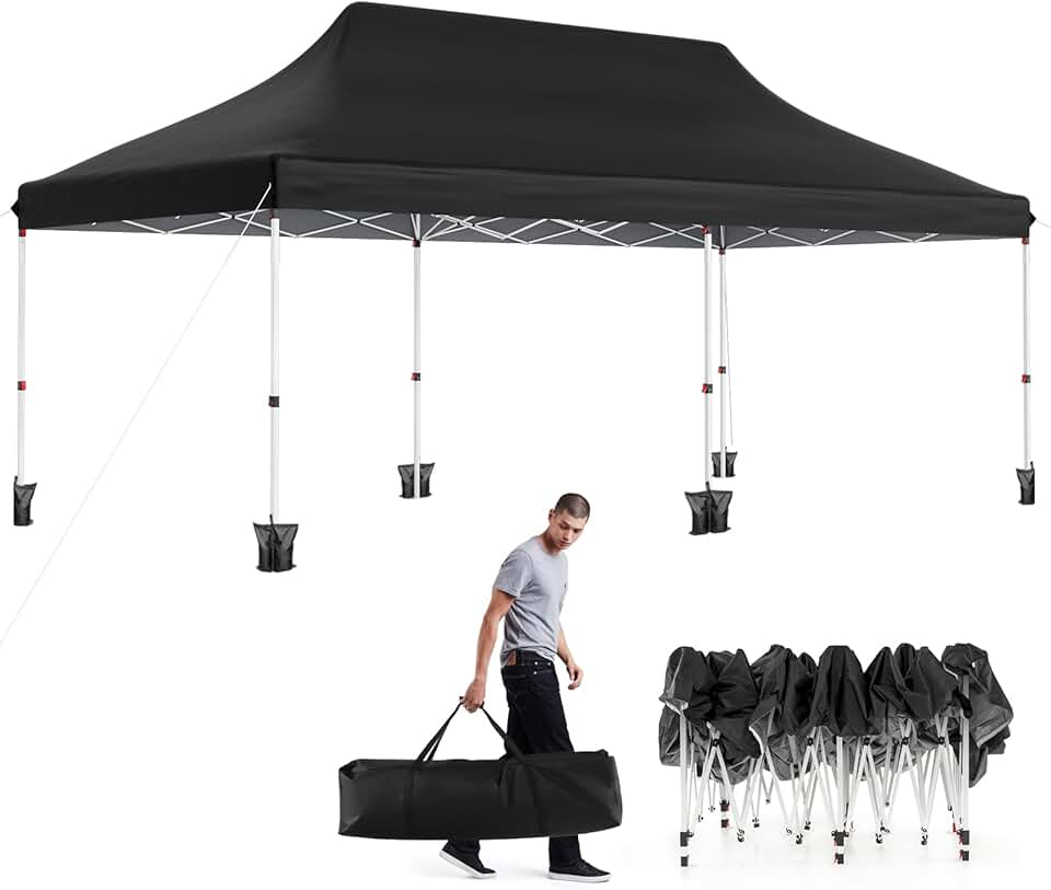 karaca-alisveris Tonnelle Pliante 3x6m Imperméable, Tonnelle Barnum Pliante 3x6 de Jardin Exterieur, Sac de Transport, Sac Lesté, Pavillon de Jardin Pop-Up pour Fête, Mariage (Noir|sans Bâche)
