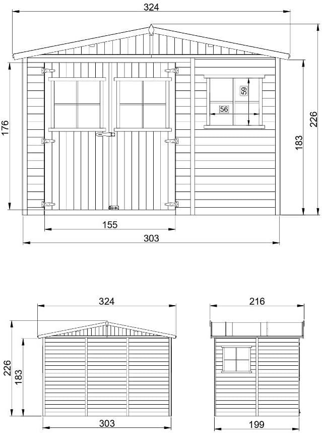 Abri de Jardin en Bois Exterieur avec Les PLANCHERS IMPRÉGNÉ- Cabane de Jardin en Pin/épicéa-H226x324x216 cm/6m2- Construction de Panneaux- Rangement pour vélos, Remise à Outils- karaca-alisveris M334+M334G