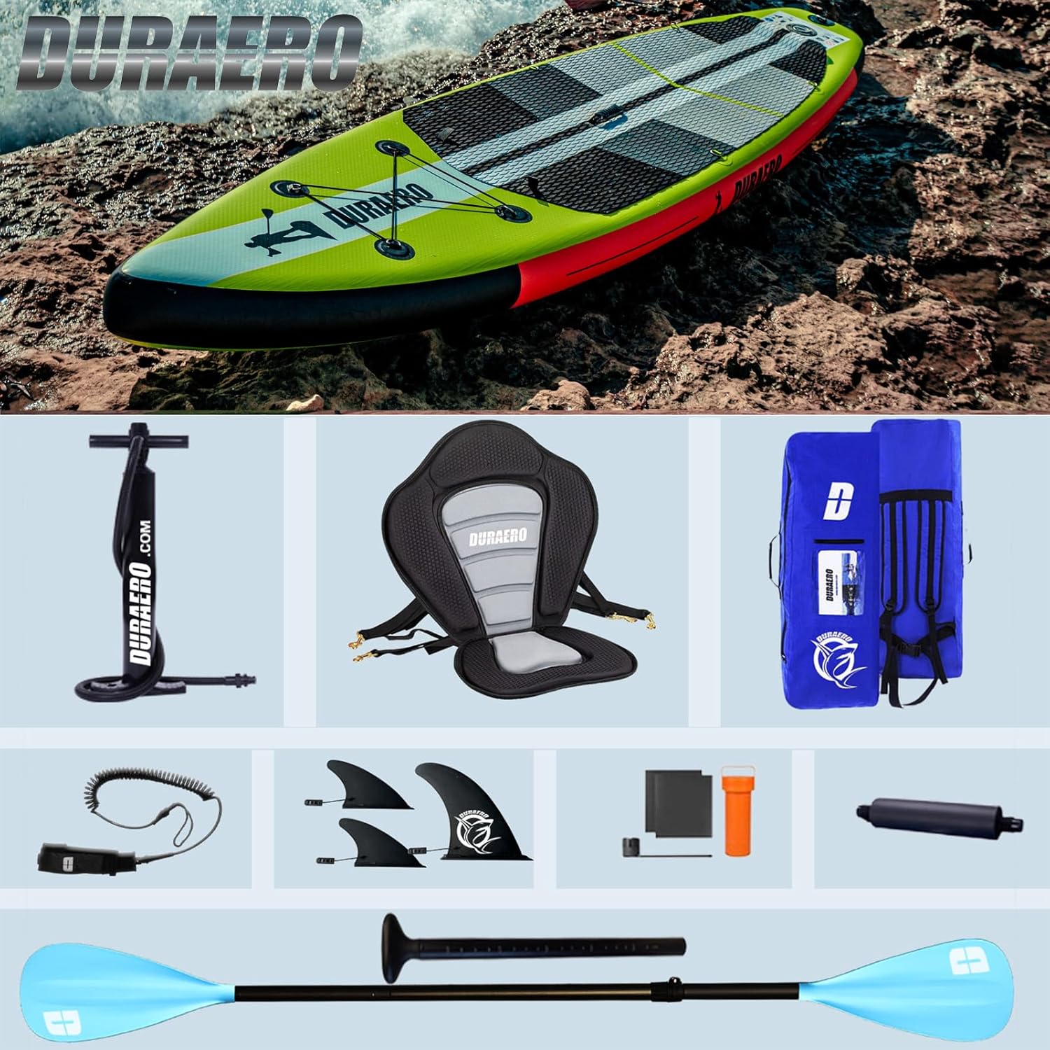 Planche de paddling SUP - siège kayak, 330x76x15cm, 150kg, coussinet, 3 ailerons, double pagaie, accessoires, SUP33015