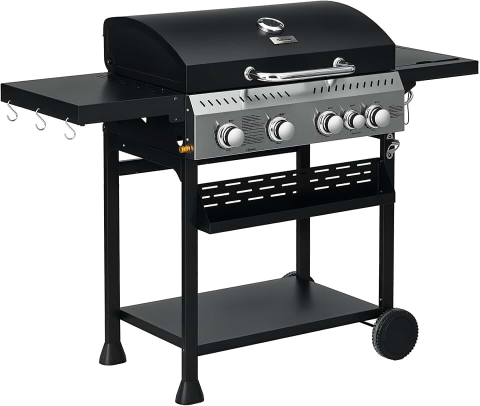 karaca-alisveris - Barbecue gaz 4+1 brûleurs 12,5kW - roulettes, étagères