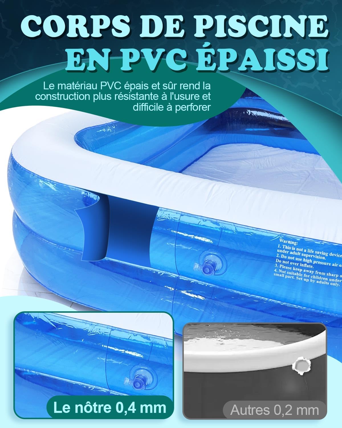 Piscine gonflable rectangulaire - 200x150x50cm - PVC épais double couche, usage enfant/adulte