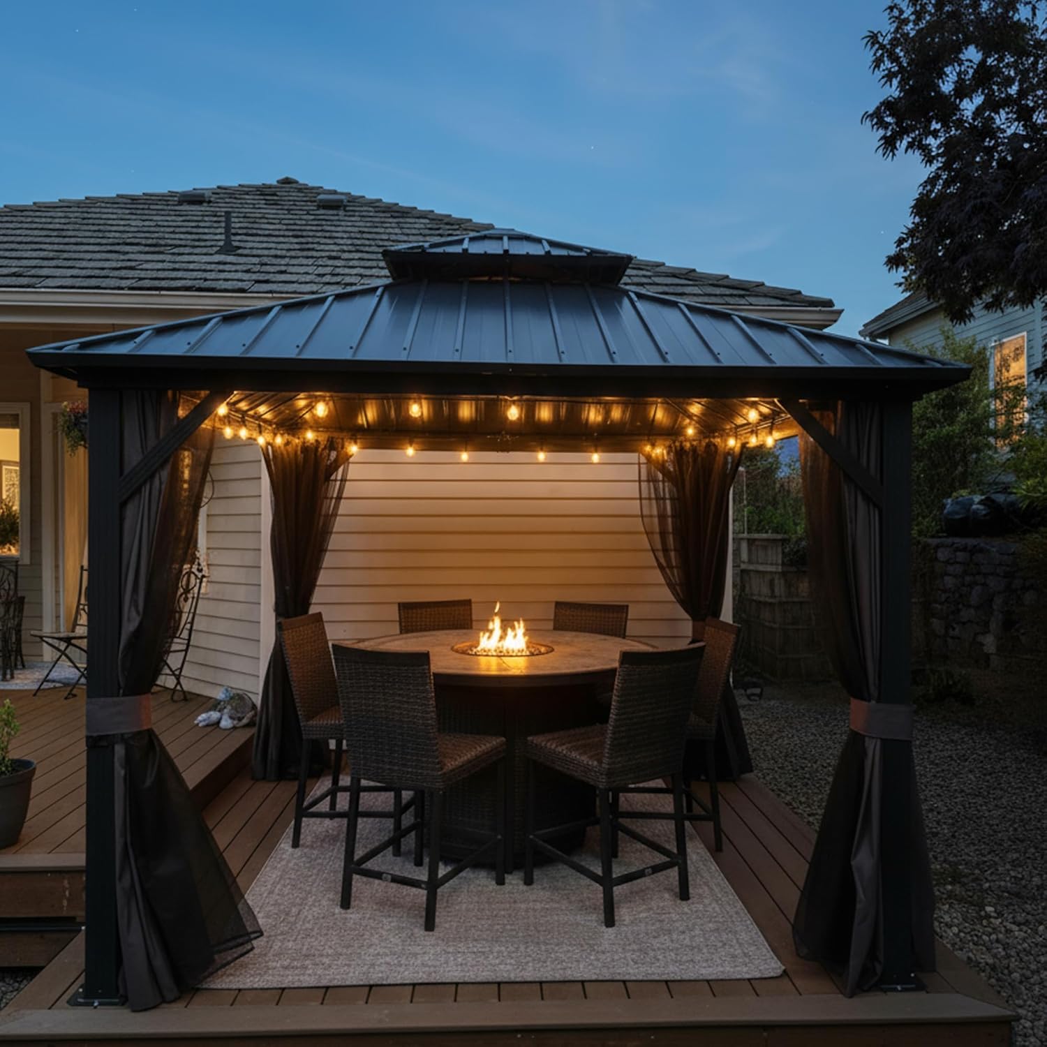 karaca-alisveris - tonnelle extérieur double toit 3x3m, alu et acier, rideaux, guirlande lumineuse