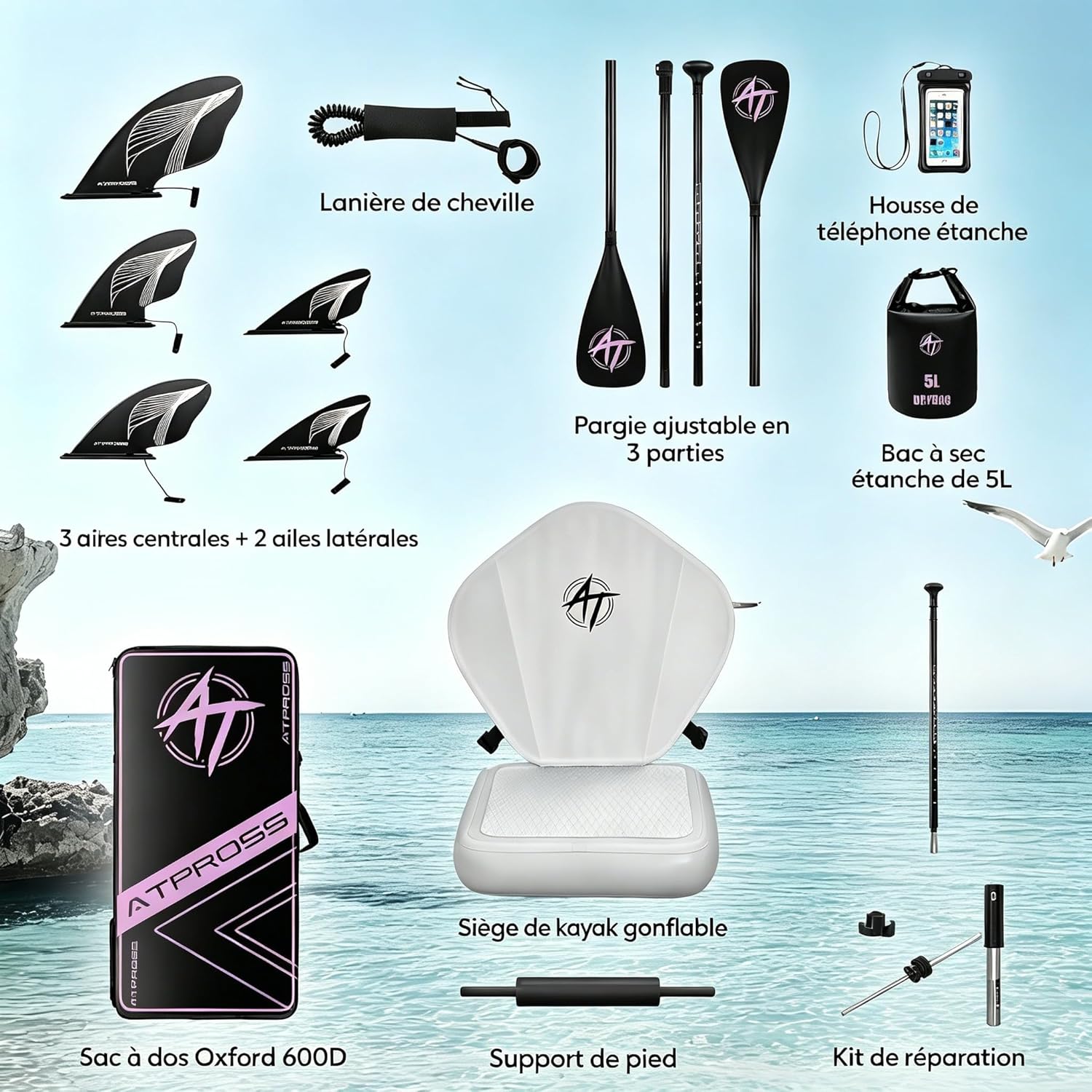Planche de Paddle Gonflable Adulte avec Siège Kayak & Accessoires, 366x92cm Sup Extra Large & Stable, Charge 240kg, Kayak Gonflable 2 Places pour Yoga, Pêche et Surf