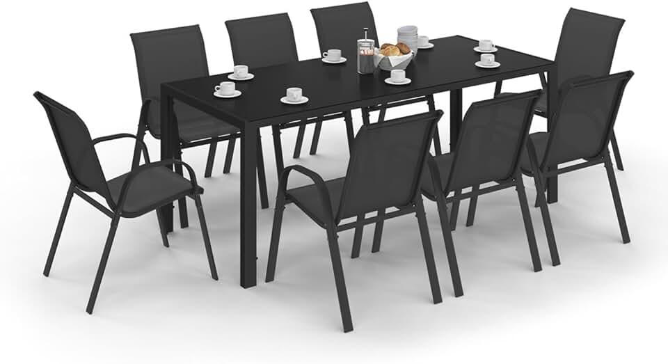 karaca-alisveris - Madrid salon jardin, table 190cm, 8 chaises empilables noires
