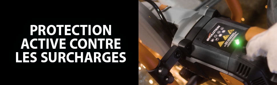 Le texte indique « PROTECTION ACTIVE CONTRE LES SURCHARGES ». Terminal de paiement numérique utilisé pour les transactions sur fond sombre.