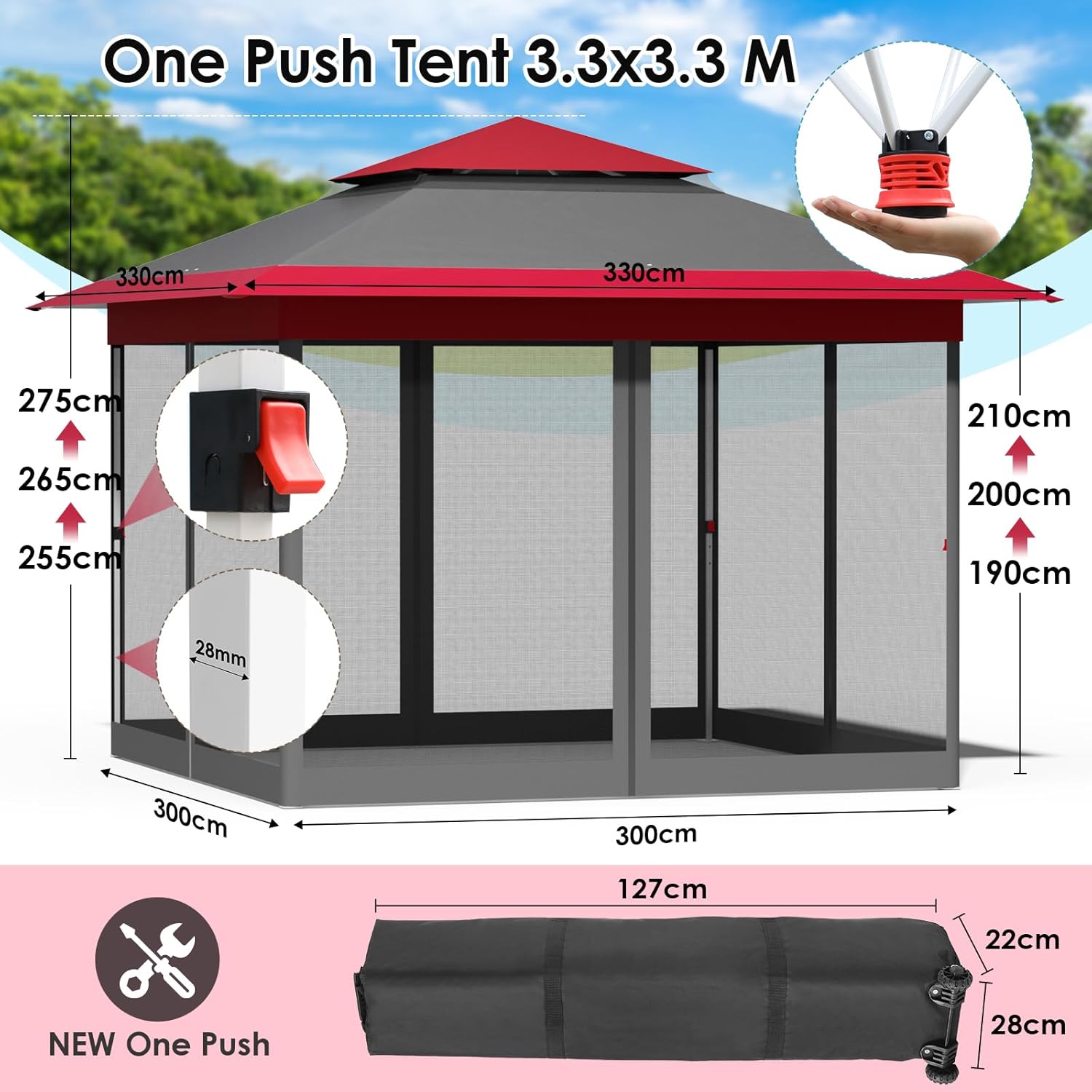 Tonnelle pliante - 3,3x3,3m - imperméable, moustiquaire, double toit, sacs sable