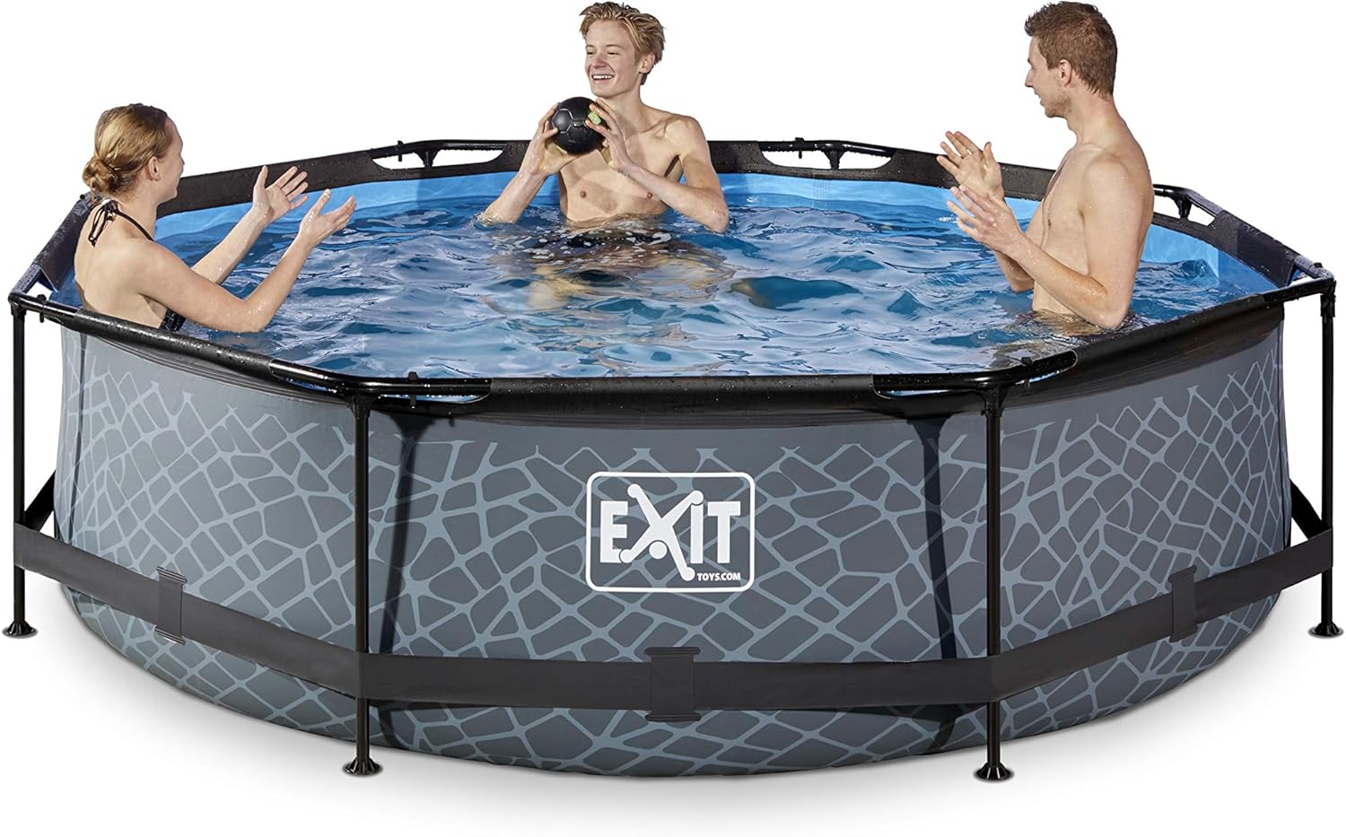 karaca-alisveris Piscine Tubulaire Stone - ø300x76cm - Piscine Hors Sol Ronde avec Pompe Filtrante à Cartouche - Entrée Basse - Idéal pour Les Jeunes Enfants - Cadre Stable - Design Unique - Gris