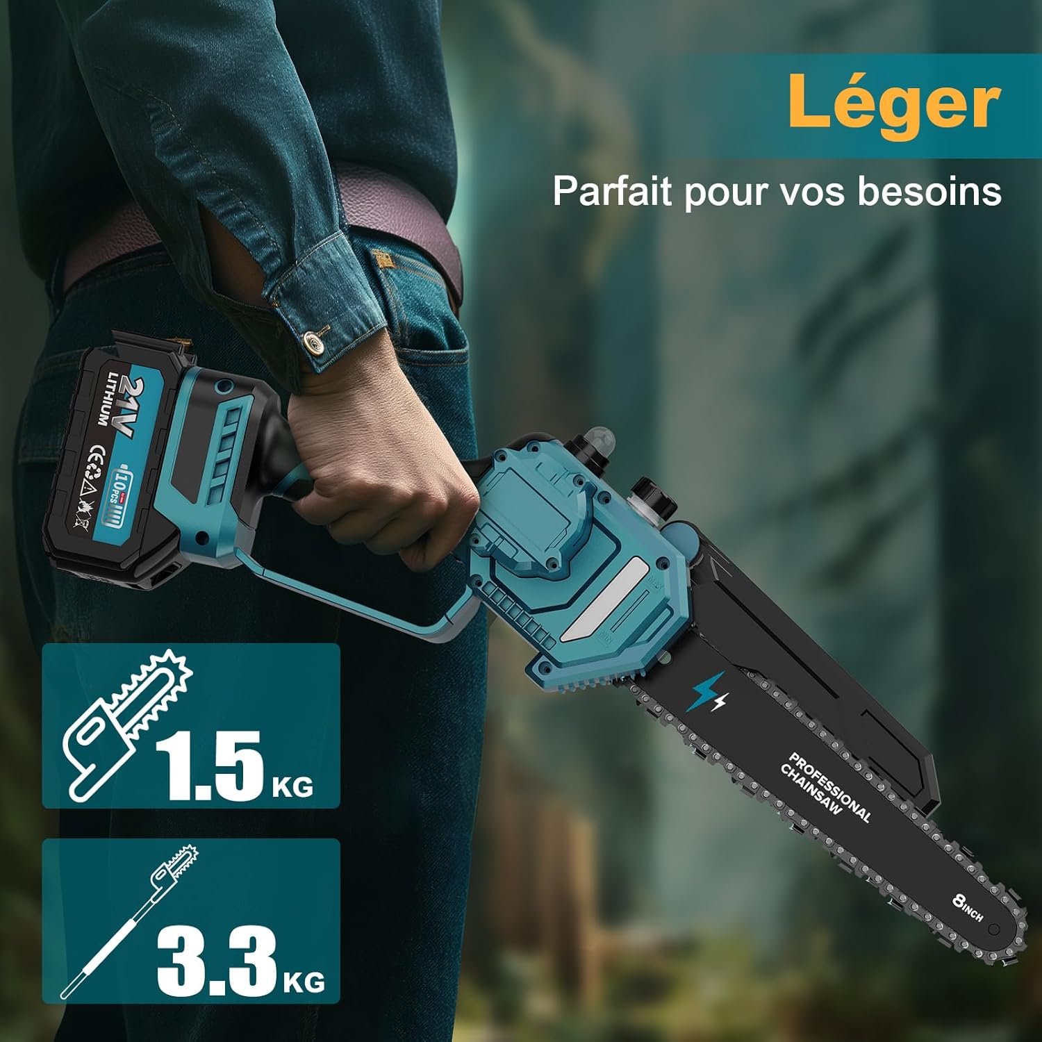 2-en-1 8 Pouces Tronçonneuse Télescopique & Mini Tronçonneuse, Tondeuse Electrique Sans Balais avec 2 Batteries de 4000 mAh, Moteur Brushless, Extension jusqu'à 4.5M