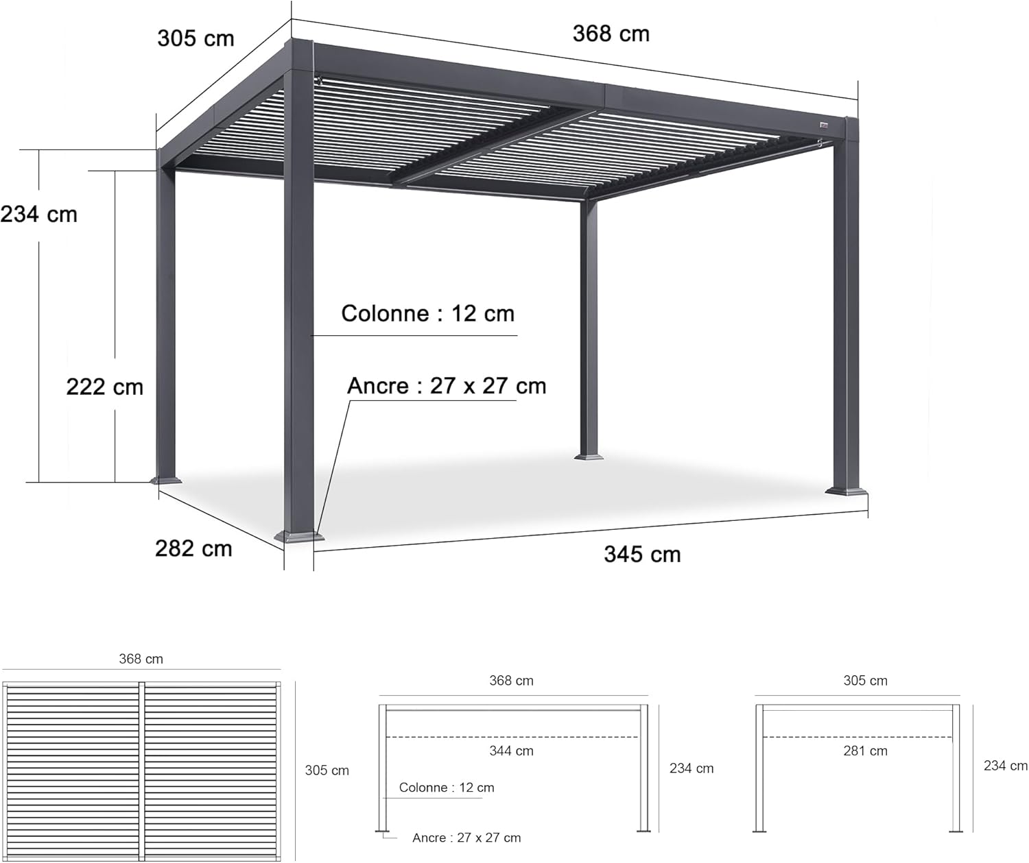 karaca-alisveris - Pergola bioclimatique - 3 x 3,65 m - aluminium, lames orientables, LED, imperméable