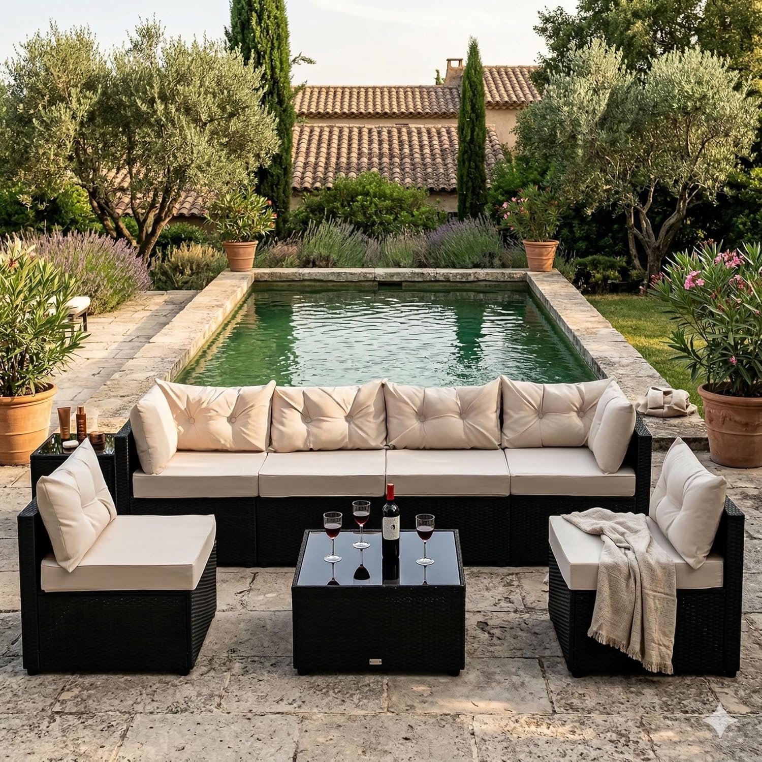 karaca-alisveris - NACULA - Salon de jardin 5 places, résine tressée, coussins beige, table basse verre, extérieur