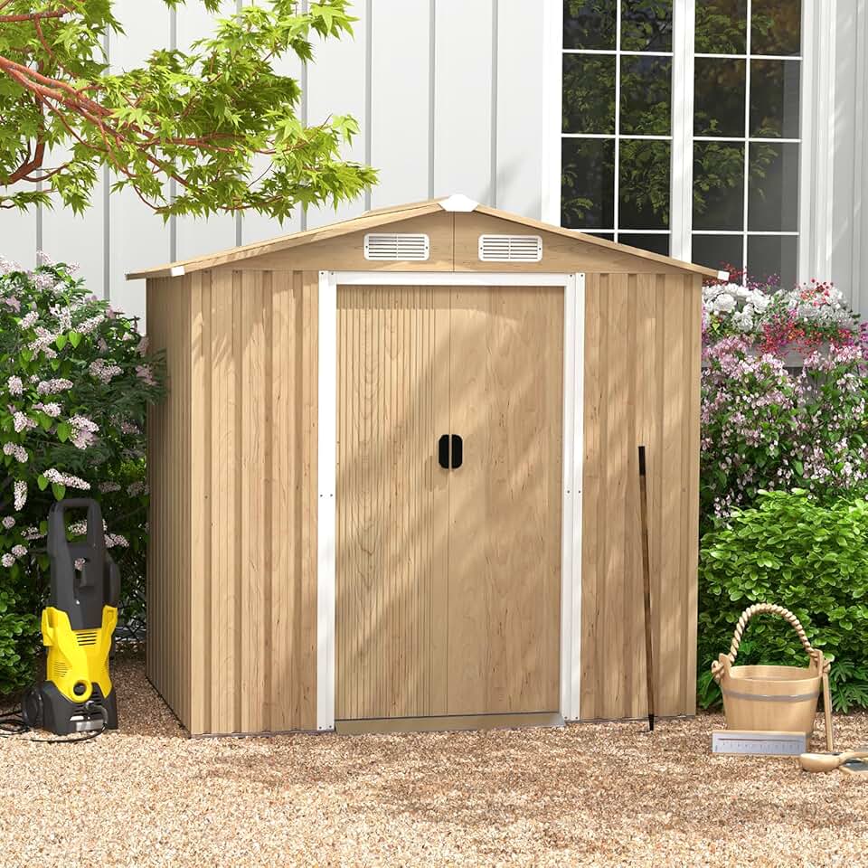 karaca-alisveris - abri de jardin acier, 196,5x142,5x184,5cm, porte verrouillable, toit incliné, aération