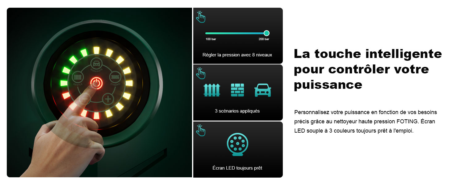 Le texte en français se lit comme suit : « La touche intelligente pour contrôler votre présence ». Écrans d'interface numérique affichant des indicateurs de progression circulaires verts et des commandes de menu.
