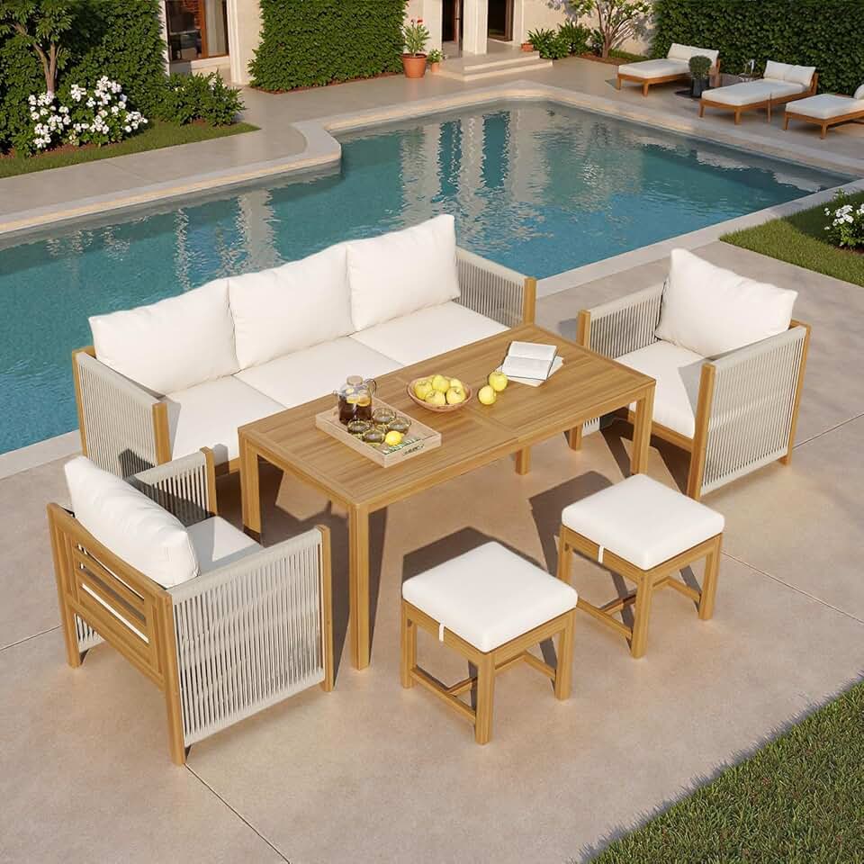 Salon de jardin - ensemble 7 places - canapé et table acacia - extérieur beige