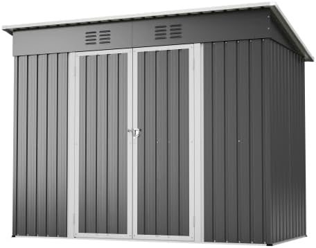 Abri de jardin en métal 242 x 126 x 182 cm – Armoire de jardin résistante aux intempéries avec toit incliné et ventilation – Porte verrouillable, cadre de fondation pour jardin, terrasse, vélo et