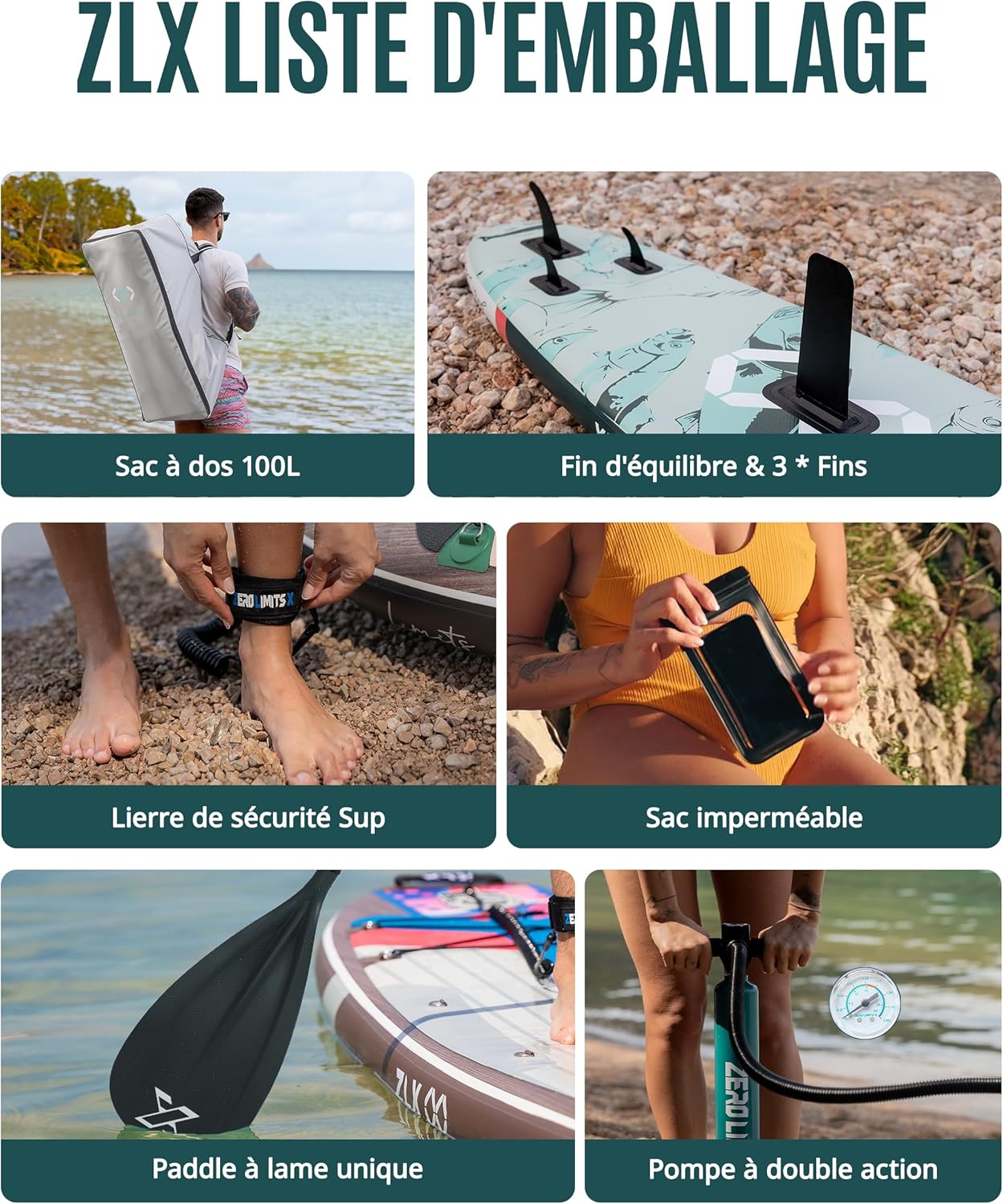 ZLX - Paddle gonflable extra large 350x89cm, planche stable, accessoires, ZLX