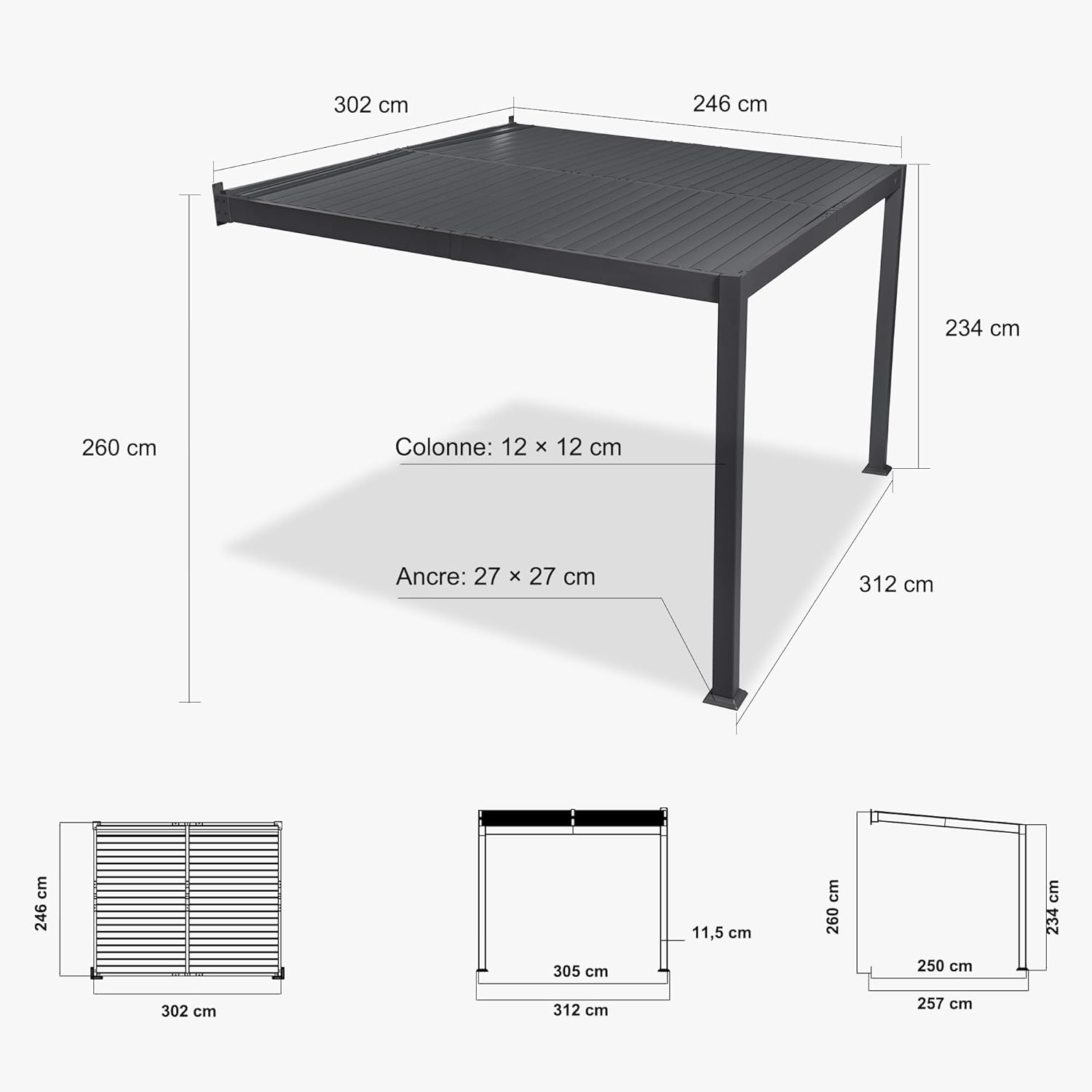 karaca-alisveris - Pergola bioclimatique adossée - 2,5x3 m - aluminium, lames orientables, résistante intempéries