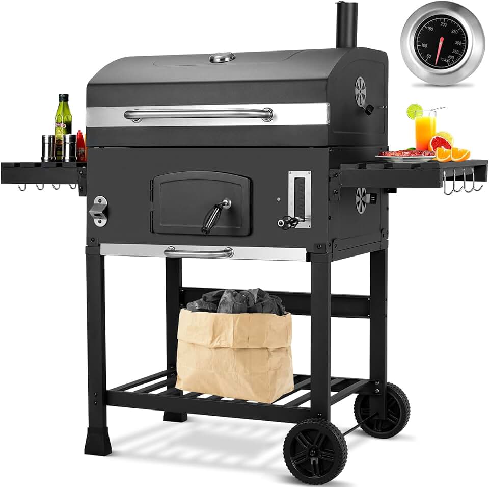 karaca-alisveris - Barbecue XXL, charbon, chariot, couvercle, thermomètre, fumoir, hauteur réglable
