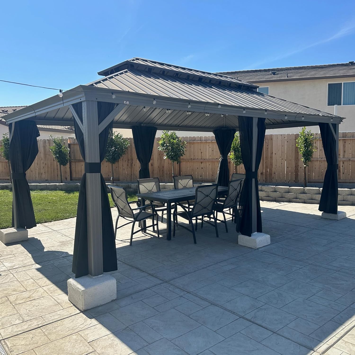 karaca-alisveris - Pergola double toit aluminium 3,65x6m rideaux LED, Gris -
