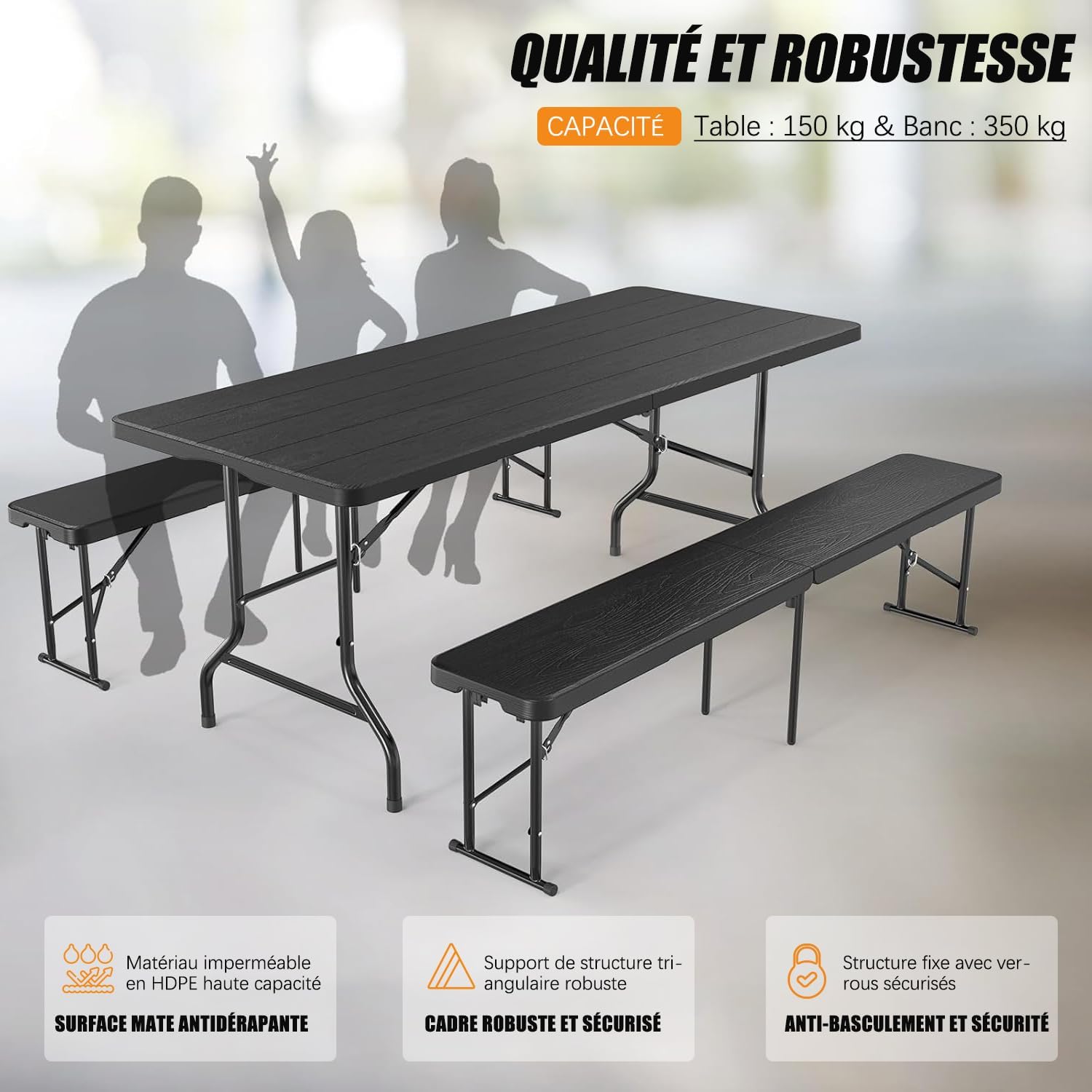 Ensemble Table et Bancs Pliante - 6/8 pers - extérieur/camping - 1 table + 2 bancs