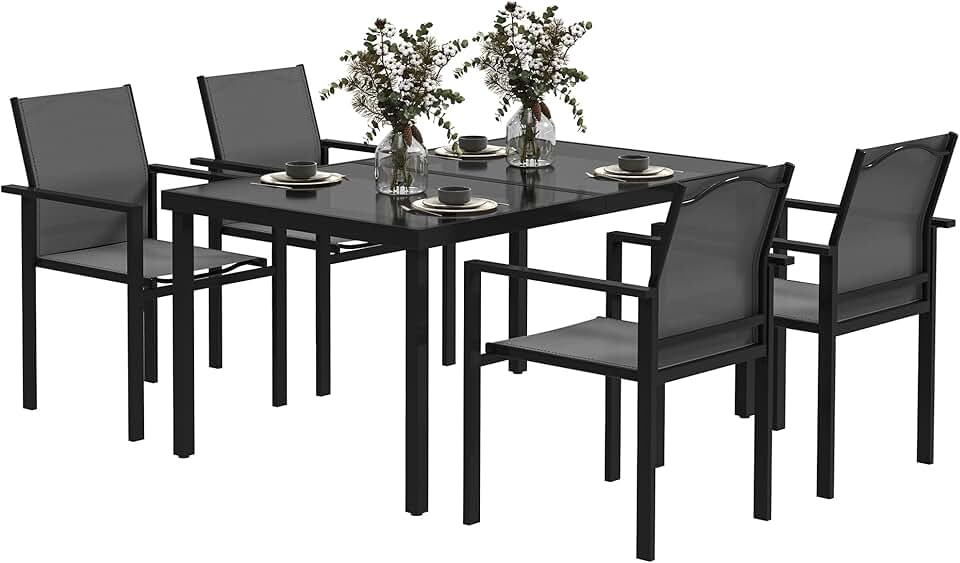 karaca-alisveris - salon de jardin extérieur 4 places - table verre 140 cm, chaises empilables, noir