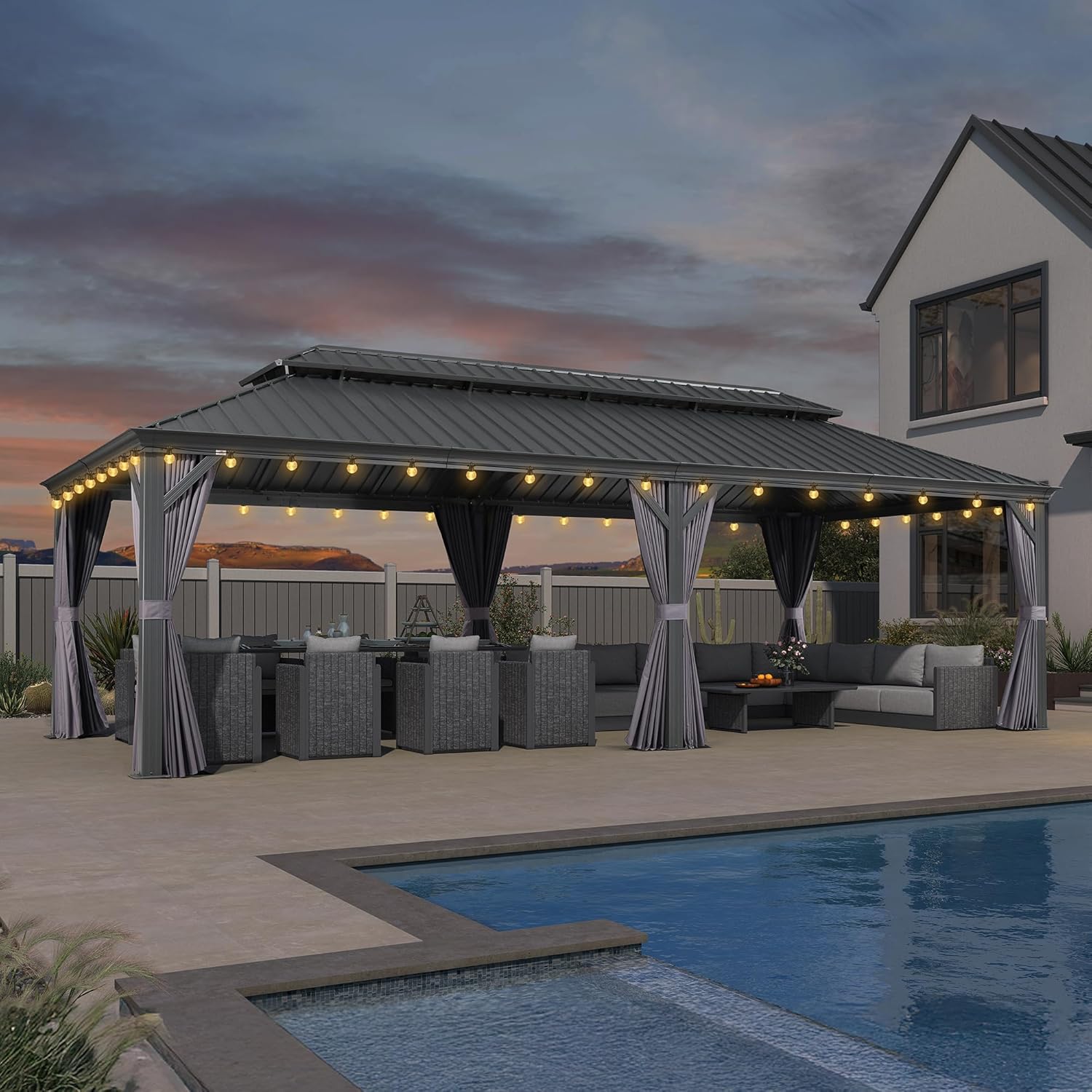 karaca-alisveris - Pergola série extérieure - 8,5x4,25m - alu, LED, rideaux, moustiquaires, gouttière