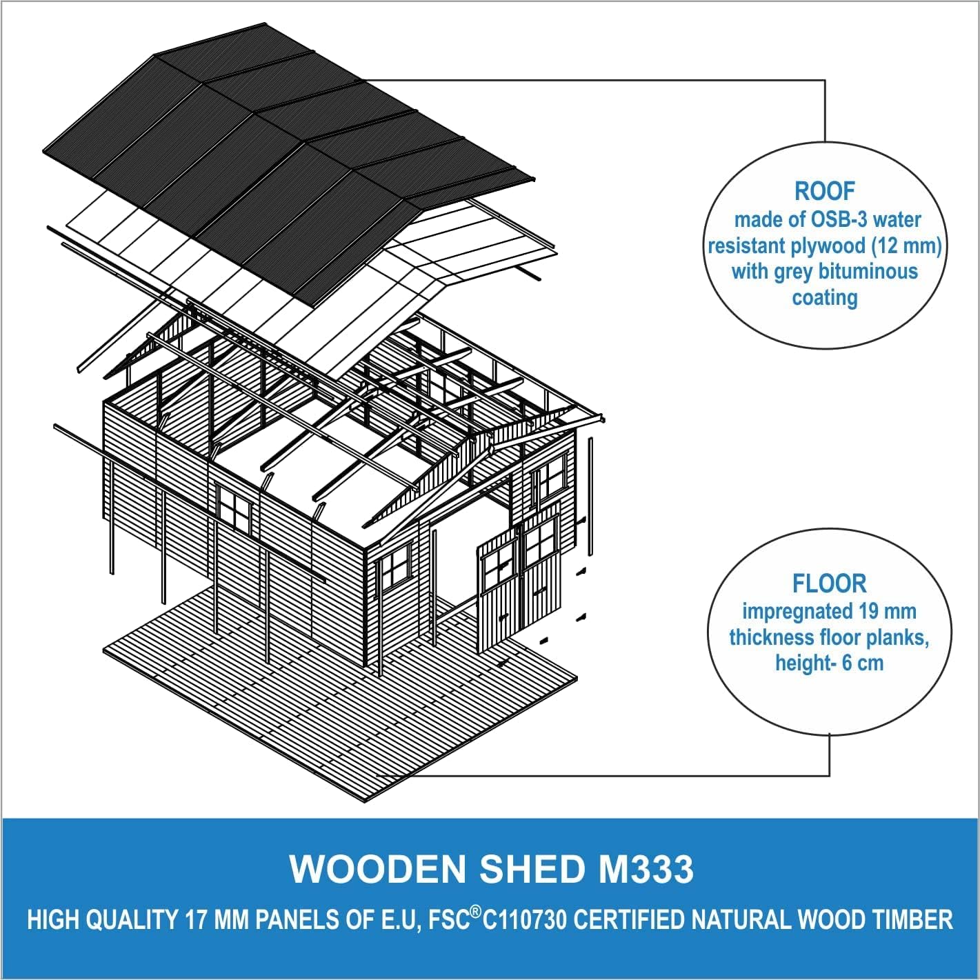 Abri de Jardin en Bois Exterieur avec Les PLANCHERS IMPRÉGNÉ- Maison de Jardin en Pin/épicéa-H246x418x522 cm/20 m²-Construction de Panneaux- Rangement pour vélos, Remise à Outils-karaca-alisveris M333 +M333G
