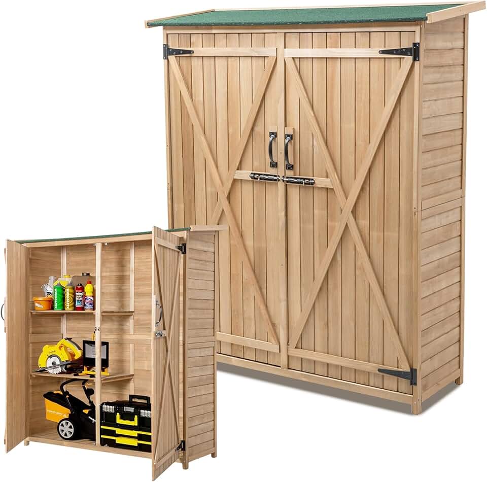 karaca-alisveris Abri de Jardin en Bois 140x50x162 cm, Abri à Outils avec Toit en Asphalte Incliné, Portes et Étagères Double Fermeture, Meuble de Rangement pour Extérieur Arrière-Cour Patio Pelouse