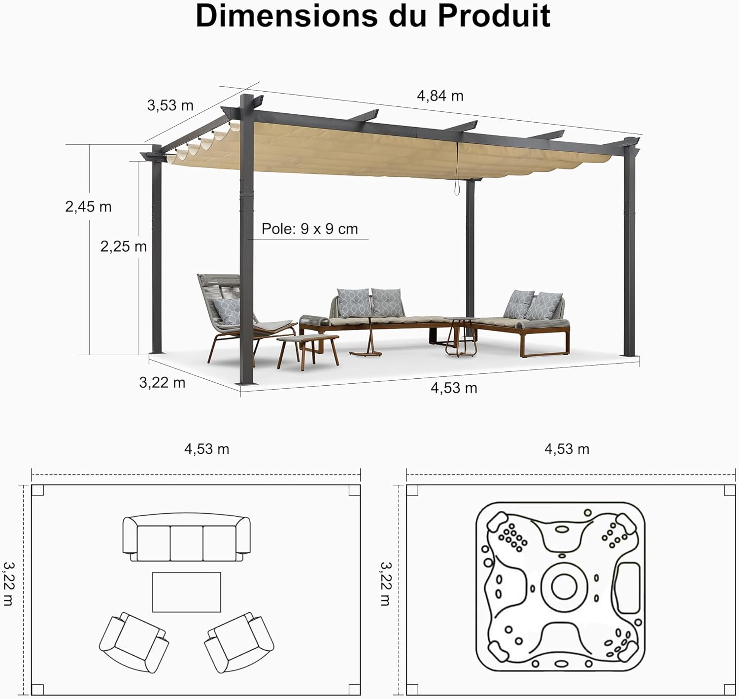 karaca-alisveris - Pergola aluminium série - 4,8x3,5m - toit coulissant, tissu teint fil, kaki