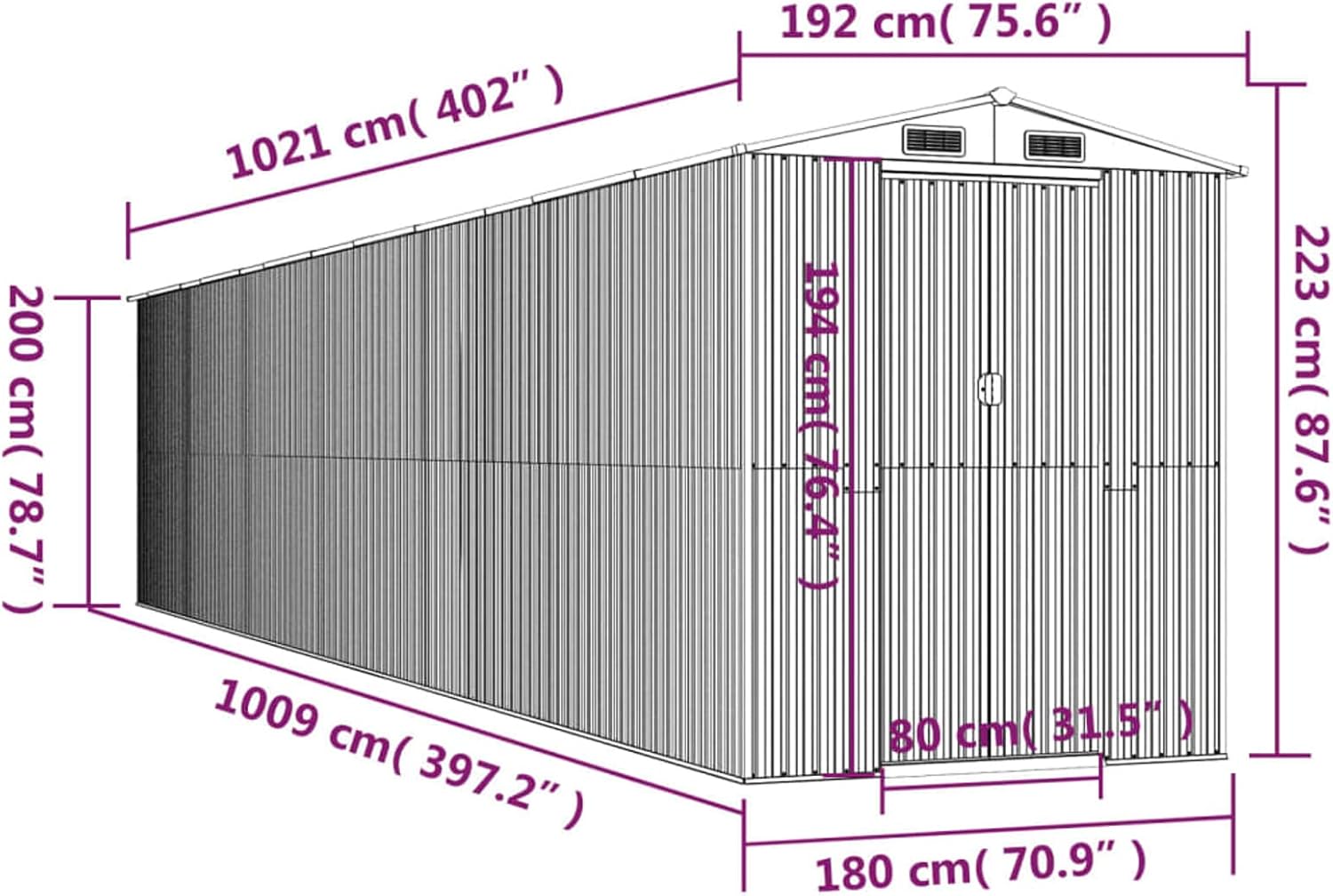 Abri de jardin extérieur en acier galvanisé vert 192 x 1021 x 223 cm