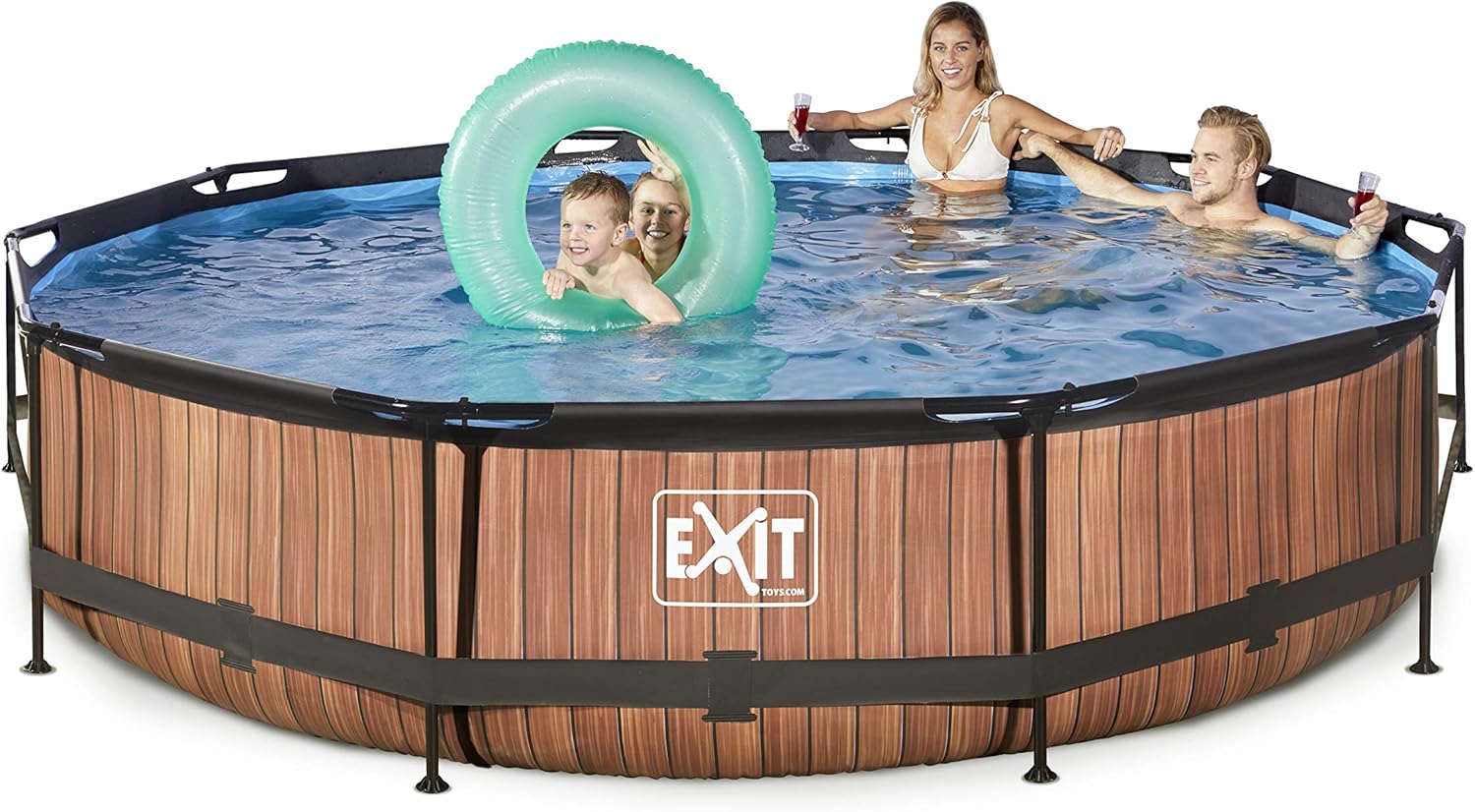 karaca-alisveris Piscine Tubulaire Wood - ø360x76cm - Piscine Hors Sol Ronde Grande avec Pompe Filtrante à Cartouche - Entrée Basse - Idéal pour Les Jeunes Enfants - Cadre Stable - Design Unique - Marron