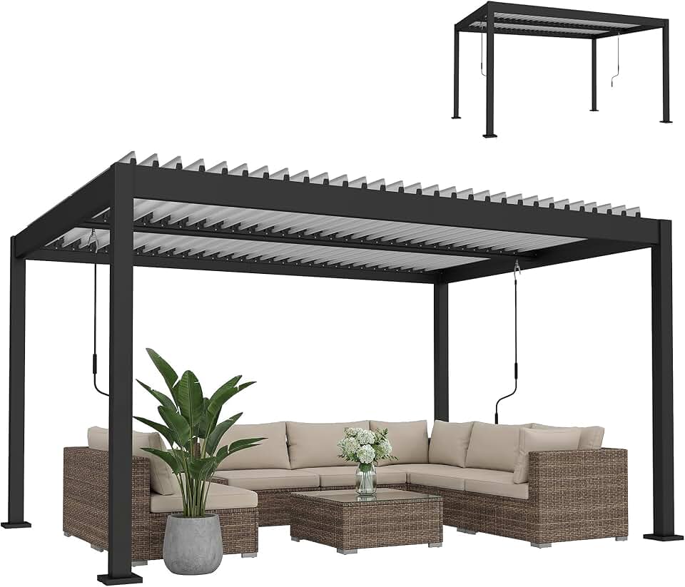 karaca-alisveris - Pergola Bioclimatique - 4x3m - alu blanc, toit lames orientables, manivelle