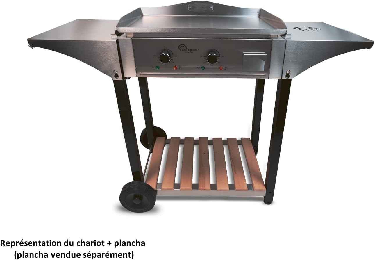 karaca-alisveris - Chariot plancha Aquitaine Pro - inox/bois, roulettes, dessertes latérales - 8477