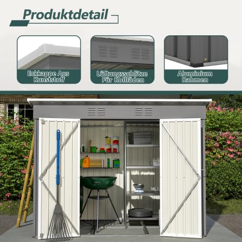 Abri de jardin en métal - 2,4 x 1,2 m - Gris - Résistant aux intempéries - Verrouillable avec base en métal - Pour outils de jardin et terrasse extérieure
