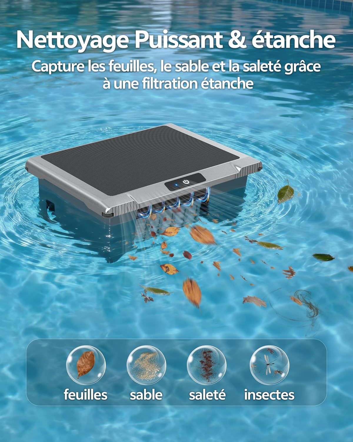 T1B Robot Nettoyeur Skimmer Solaire Robot de Surface Piscine, avec Nettoyage 24h/7, Double Modes de Recharge, Retour Automatique à la Base, adapté aux piscines Enterrées et Hors Sol (Gris)