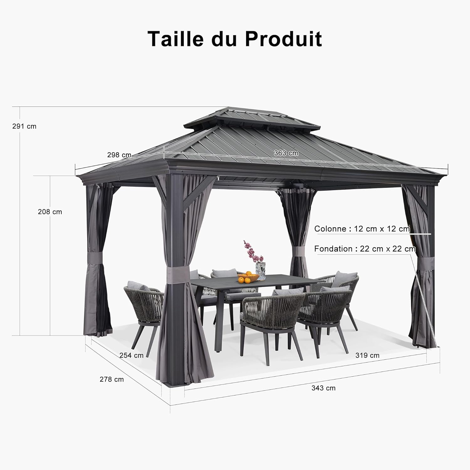 karaca-alisveris - pergola double toit acier 4x3m, moustiquaire, rideaux