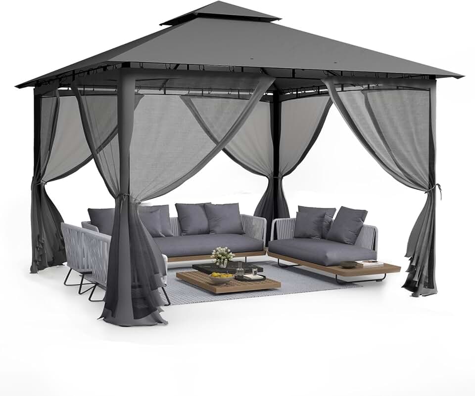 karaca-alisveris - Double Toit, 3.4x3.4m - Métallique, moustiquaire, gris