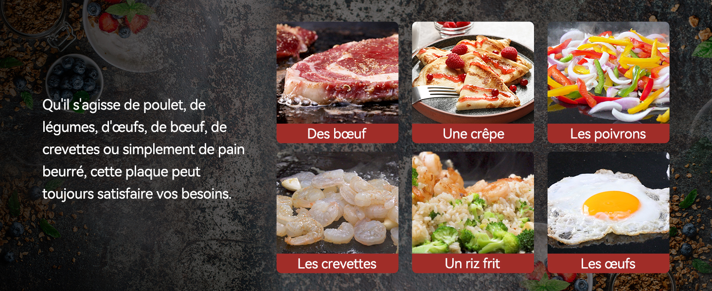 présentant six plats : bœuf, crêpes, poivrons (poivrons), crevettes, riz frit (riz frit) et œufs, avec un texte français décrivant les options du menu