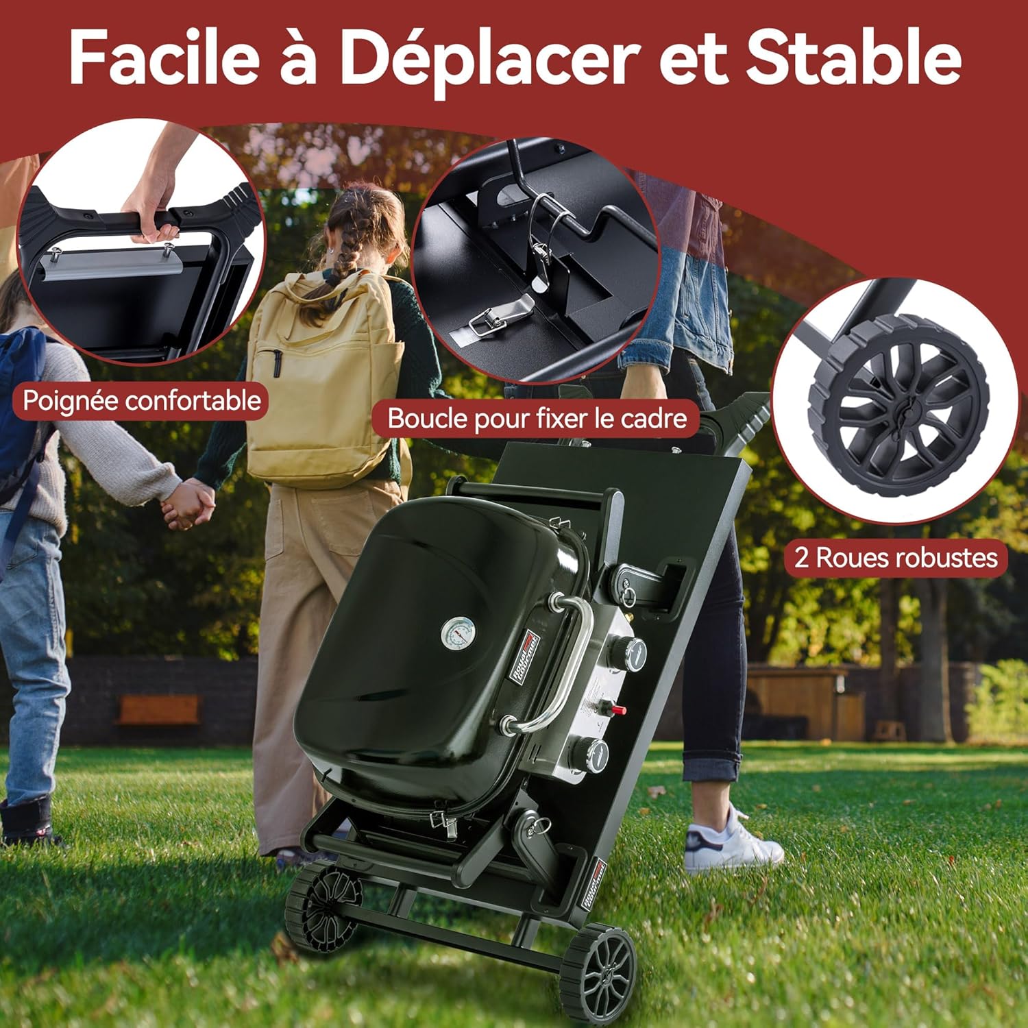 karaca-alisveris - barbecue gaz portable - 48x37 cm - 2 brûleurs, tables pliantes, chariot détachable, 5kW