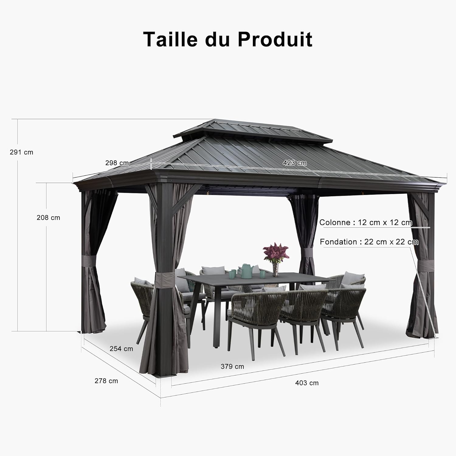 karaca-alisveris - tonnelle aluminium - 4,25x3 m - éclairage, rideaux, gouttière, poteaux renforcés