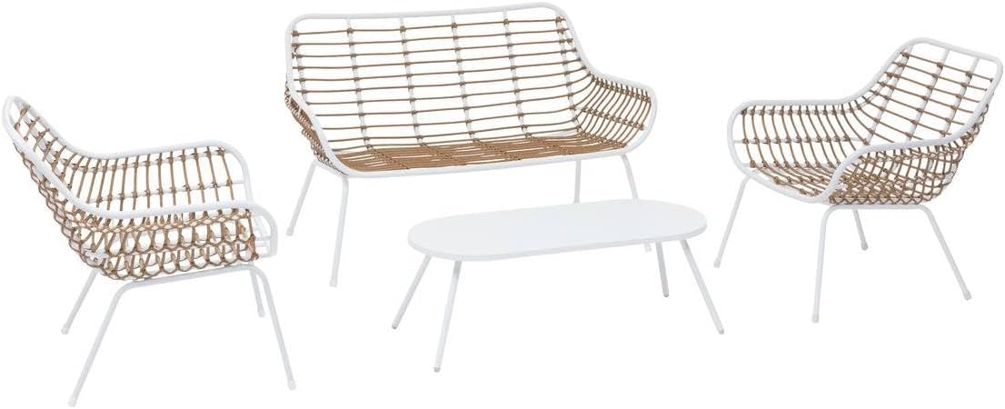 karaca-alisveris - Paopao Salon de Jardin - 4 places - acier epoxy, pieds ajustables - Blanc et Beige