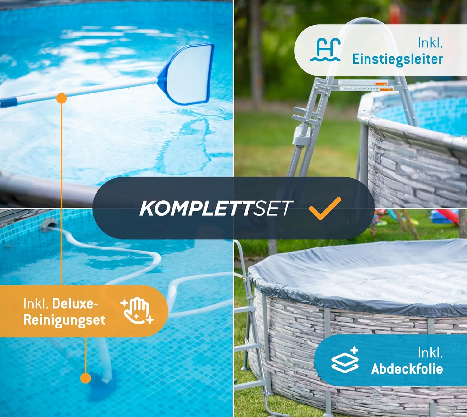 karaca-alisveris - Frame Pool Kit rond - 427x107 cm - aspect pierre grise, pompe à filtre