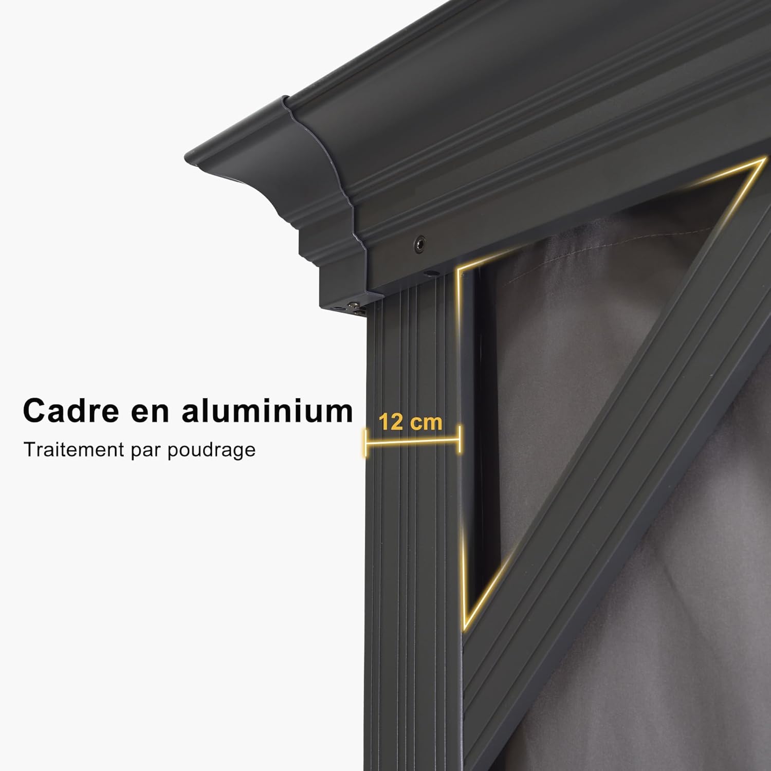 karaca-alisveris - tonnelle aluminium - 4,25x3,65m - éclairage intégré, rideaux moustiquaires, gouttière, poteaux renforcés