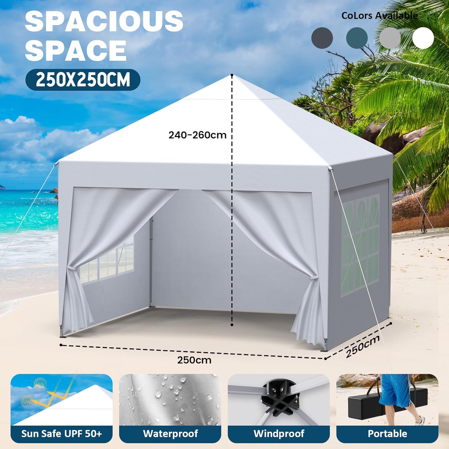 Tonnelle de jardin pliante 2,5x2,5m, imperméable, UV 50+, 4 côtés