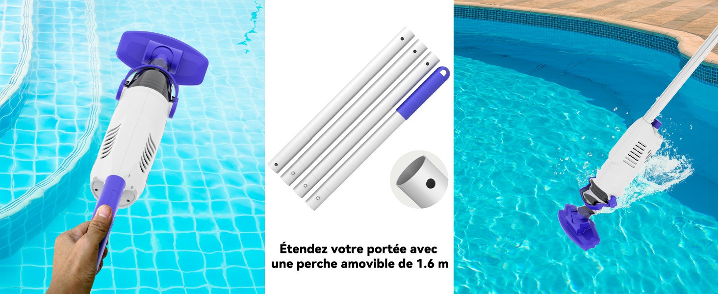Série d'images montrant un appareil de nettoyage de piscine en action, muni d'une perche télescopique, qui nettoie le fond et les parois de la piscine sous l'eau.