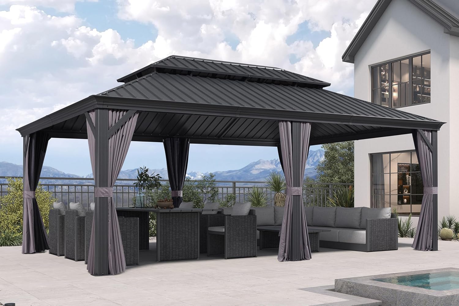 karaca-alisveris - Pergola Série Extérieur - 6x4m - Toit acier, moustiquaire, rideaux, gouttière